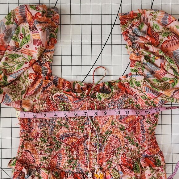 FARM Rio Pink Floral Macaw Print Puff Sleeve Midi Dress Size M - Picture 11 of 17